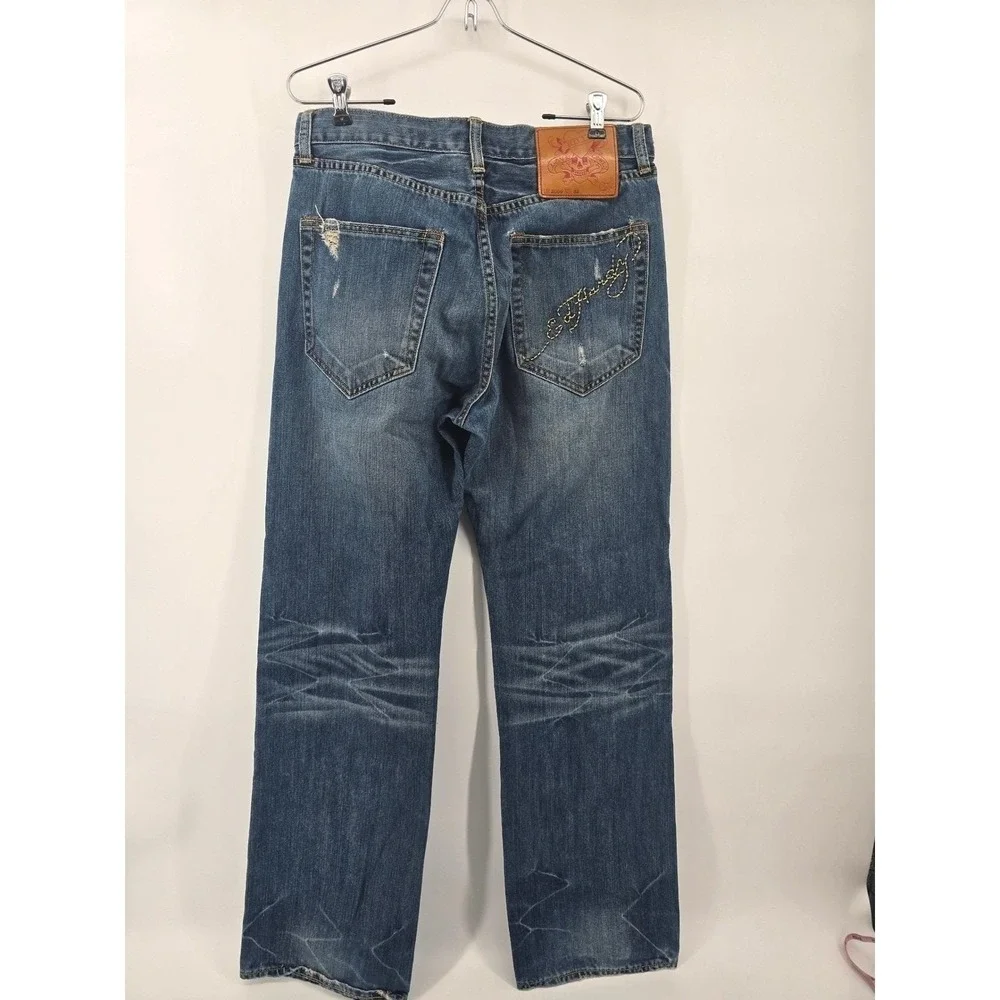 Ed Hardy Jeans Mens 32 Blue Lot 2009 Embroidered Logo Distressed Straight Leg